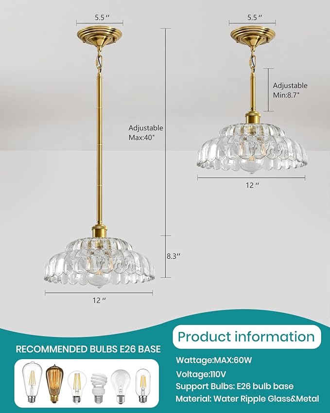 Elegant Transparent Glass Pendant Lamp with Gold Base, Modern Chic Lighting Fixture for Living Room, Bedroom, and Office