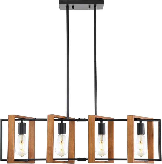 35.4" Kitchen Island Lighting,4 - Light Dining Room Farmhouse Chandelier,Black Modern Pendant Lighting,Pool Table Lights,Wood and Matte Black Metal Finish