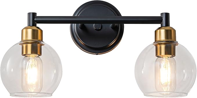 Bathroom Light Fixtures,2-Light Modern Bathroom Vanity Light,Black and Gold Wall Sconce with Clear Glass Globe Shades,Adjustable Brightness Wall Lights for Kitchen,Bedroom,Hallway,Living Room