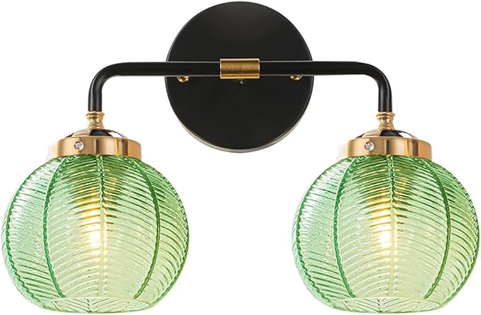 2-Lights Bathroom Wall Light Fixtures Modern Vanity Light with Leaf Texture Glass Globe Shades Emerald Green Mid Century Modern Wall Lamp Sconce for Over Mirror Living Room Cabinet