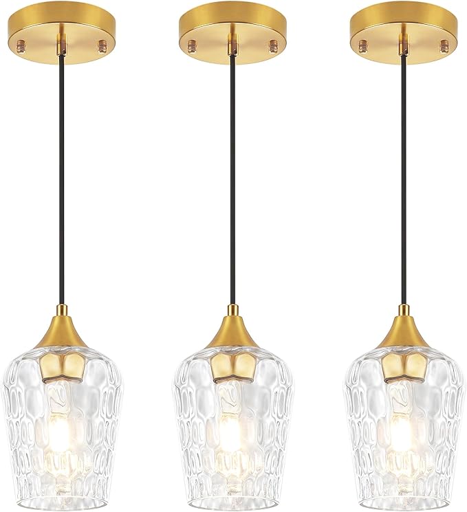 3 Pack Gold Pendant Lights Kitchen Island, Hammered Glass Pendant Lighting Over Island, Modern Hanging Kitchen Light Fixtures Over Sink Adjustable Mini Pendant Light for Bathroom Hallway Dining Room