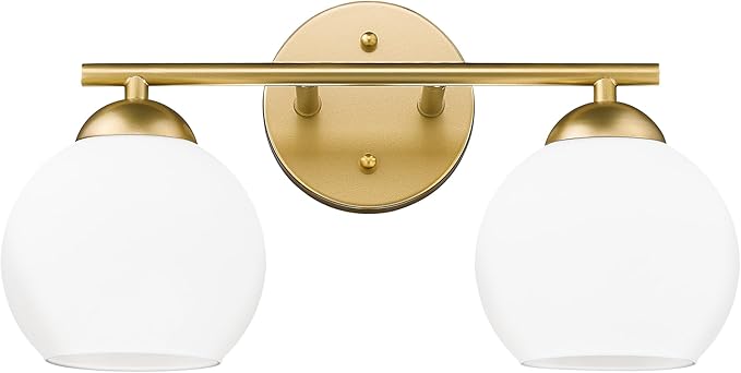 Emak 2-Light Gold Bathroom Light Fixtures, Modern Globe Vanity Lights with Milk Glass Shade for Bathroom, VL114-GD-ML-2
