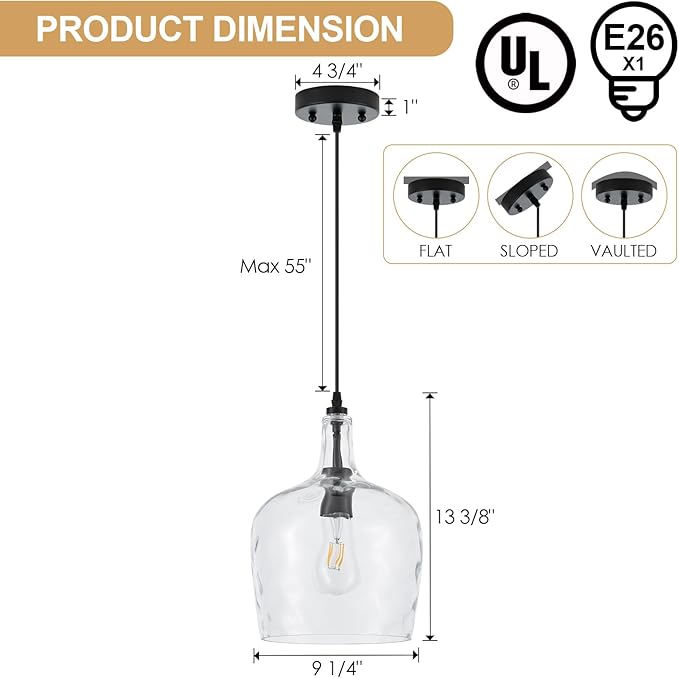 10” Large Stone-Hammered Glass Pendant Light Modern Matte Black 1 Light Single Dome Pendant Lighting Fixtures for Kitchen Island Dining Room Hallway, UL Listed
