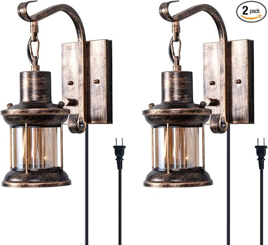 Rustic Wall Light, 2-in-1 Oil Rubbed Bronze Vintage Wall Light Fixtures Plug in Industrial Glass Shade Lantern Lighting Retro Lamp Metal Wall Sconce for Home Bedroom Dining Room Cafe(2 Pack)