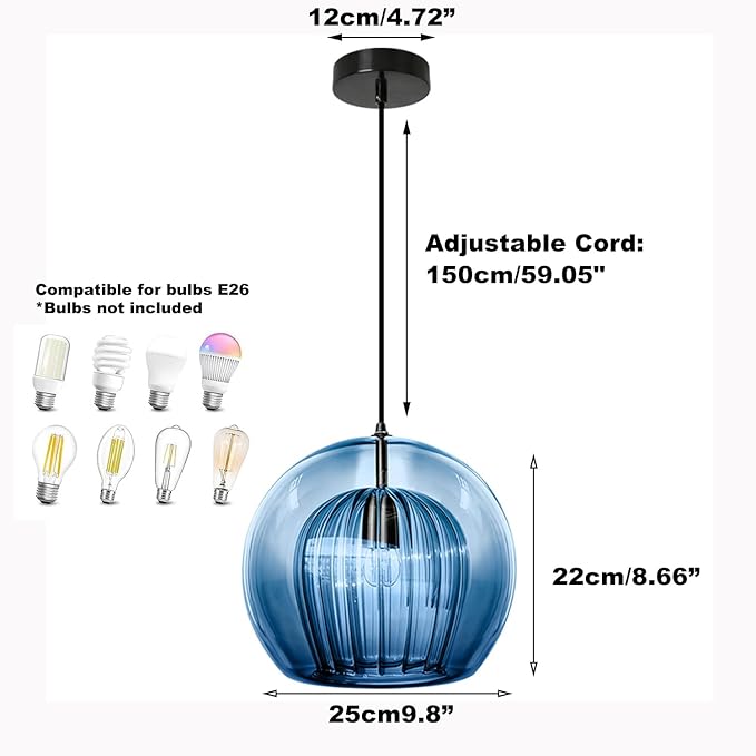 Globe Pendant Light Vintage Blue Glass Pendant Light Mid Century Modern Pendant lamp with 2-Layer Blown Glass Shade Ceiling Hanging Light for Kitchen Living Dining Room Farmhouse