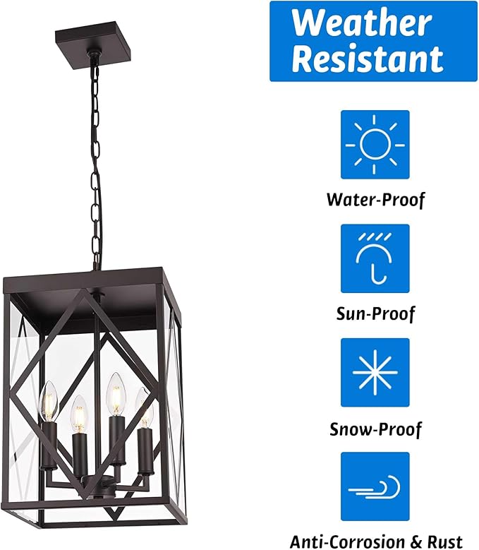11" Outdoor Pendant Light Exterior Hanging Lantern, Farmhouse Oil Rubbed Brozne Outside Chandelier Light Fixture Ceiling Mount Hanging Porch Light with Clear Glass for Front Porch Entrance