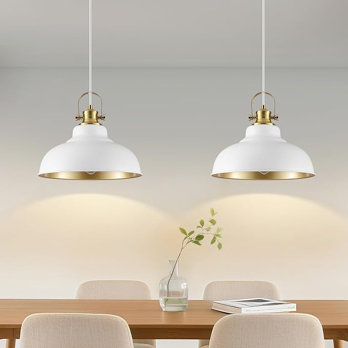 White and Gold Pendant Light, 11.41 Inch Dome Pendant Lights, Industrial Pendant Light Kitchen Island, Farmhouse Pendant Lights 2 Packs, Island Pendant Lights for Kitchen, Dining Room, Living Room