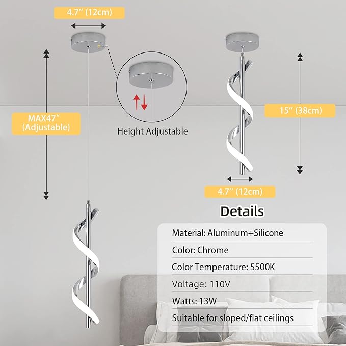 CANEOE Modern Led Pendant Light Fixture, 5500K Cool White Spiral Integrated LED Hanging Lamp, Adjustable Height Island Light Fixture for Kitchen Sink Living Room Dining Room Bedroom,1 Pack