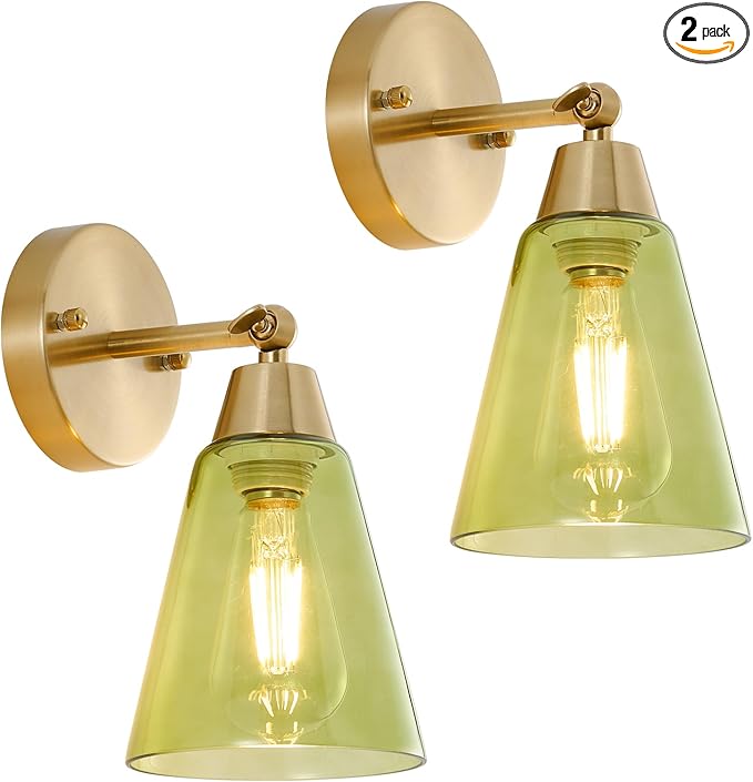 MWZ Gold Wall Sconce Decor Set of 2,Modern Brushed Brass Sconces Lighting with Green Glass Shade,Bathroom Light Fixtures Over Mirror,Vanity Lights Over Sink,Indoor Wall Mount Adjustable Angle Lamp