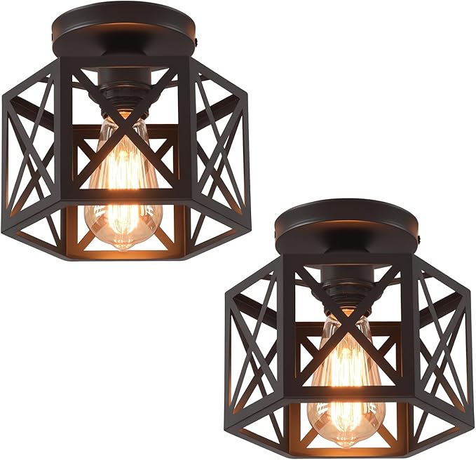 Black Flush Mount Ceiling Light,Hallway Light Ceiling Mount,Industrial Vintage Metal Cage Close to Ceiling Lights for Kitchen,Farmhouse,Bedroom