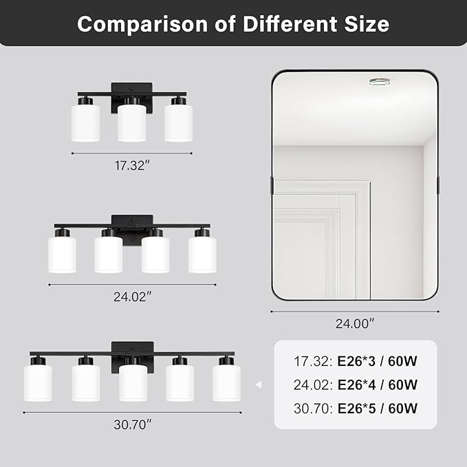 FonmYim Black Bathroom Light Fixtures, 5-Light Modern Vanity Light Over Mirror, Wall Sconces with Milky White Frosted Glass Shades, E26 Socket (Bulbs Not Included)