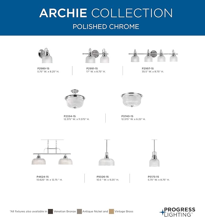 Progress Lighting P2989-15 Archie Collection Clear Double Prismatic Glass Coastal Bath Vanity, 1-Light, Polished Chrome