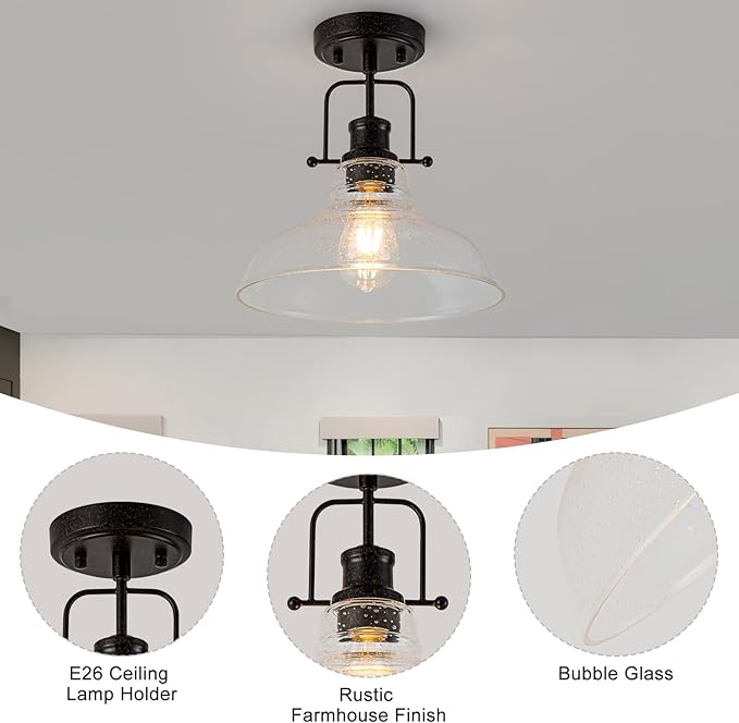 WILON Rustic Farmhouse Ceiling Light, Seeded Glass Ceiling Light, Rust Semi Flush Mount Ceiling Lights, Kitchen Lighting Fixtures Ceiling Lamp for Sink Foyer Entryway Bathroom Laundry Room Hallway