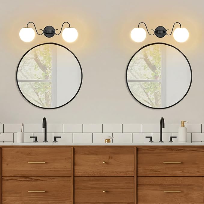 2 Lights Vintage Bathroom Vanity Light Fixtures Over Mirror, Matte Black Vanity Lights For Bathroom With Milk White Glass Globe Shade, Wall Lights For Bedroom, Hallway, Dressing Table(Includ G9 Bulbs)