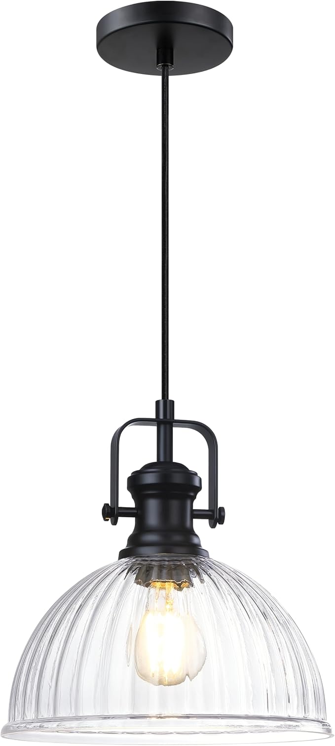 Leading Lighting 1 Light Pendant Light Hanging Modern Farmhouse Indoor Fixture 10" Clear Textured Glass Black Finish Dinning Over Sink Kitchen Island
