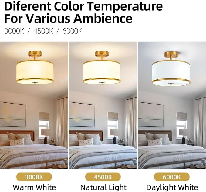 Semi Flush Mount Ceiling Light,3-Light Modern Close to Ceiling Light Fixtures, Gold Drum lamp with Fabric Shade, Hallway Light Fixtures for Foyer Bedroom Kitchen Laundry Room Living Room