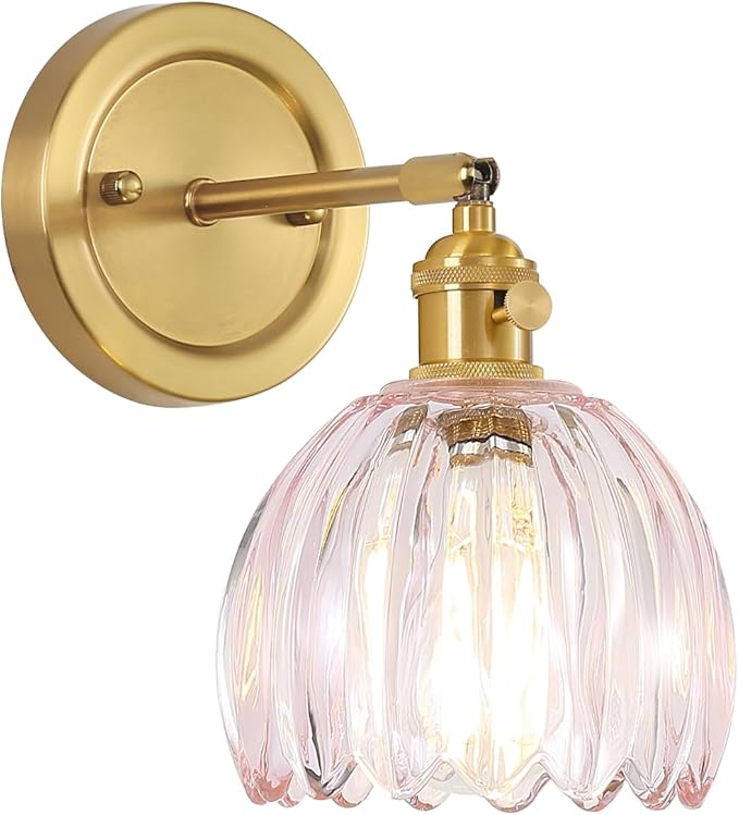 Wall Light Fixture with Tulip Pink Glass Lampshade, Indoor Wall Light for Bedroom Bathroom, Bedside Wall Lamp