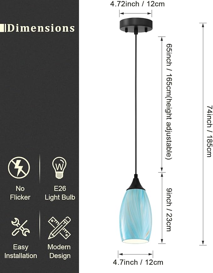 ANYLOVE Vintage Art Blue-Gold Pendant Lighting,1-Pack Hand Glass Hanging Light Fixture,Adjustable Cord for Kitchen,Hallway,Dining Room