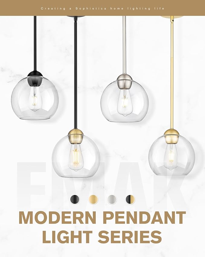 Emak Black and Gold Pendant Light, 8 Inch Globe Pendant Lights Kitchen Island with Clear Glass Shade, Modern Farmhouse Hanging Lights for Kitchen, Dining Room, Bar, PL121-BKBGD-CG
