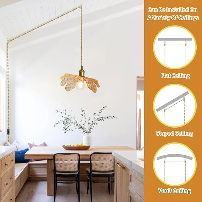 Plug in Pendant Lights 15ft Hanging Light with Plug in Cord Mid Century Modern Pendant Light Fixtures Hand Blown Amber Glass Pendant Light Plug in Hanging lamp for Kitchen Living Dining Room