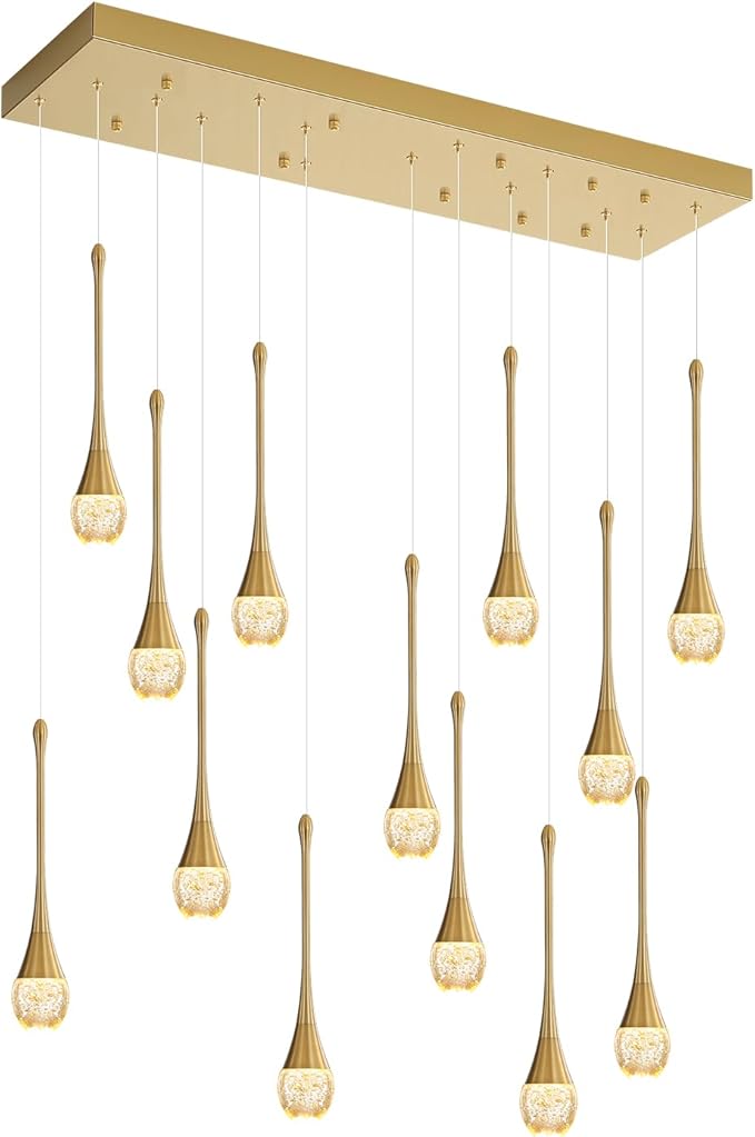 ykolupty 14-Light Modern LED Pendant Lighting Fixture for Kitchen Island Raindrop Crystal Chandelier Gold Chandelier for Dining Room High Ceiling Chandeliers for Staircase Foyer Hallway Villa