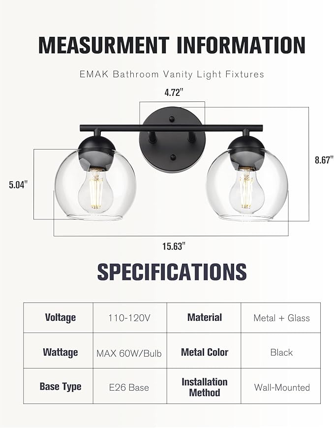 Emak 2-Light Black Bathroom Light Fixtures Over Mirror, Globe Bathroom Vanity Lights with Clear Glass Shade, VL114-BKL-2