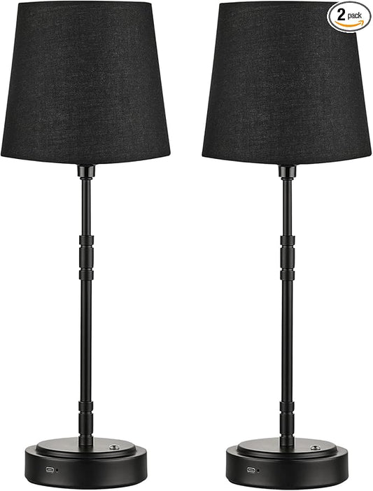 Cordless Table Lamps Set of 2 – Battery Operated Lamp with 7500mAh Rechargeable Battery, Stepless Dimmable Black Lamps with Black Shade, Wireless Lamps for Dining Room & Nightstand (Bulbs Included)