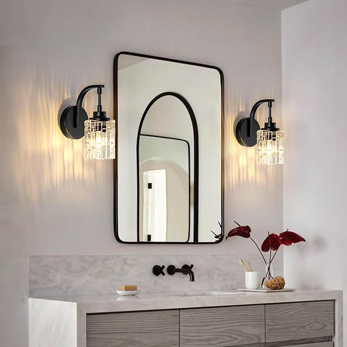 Matte Black Wall Sconce, 1-Light Bathroom Vanity Light Fixture with Clear Glass Shade,Modern Wall Light for Mirror Living Room Hallway Bedroom