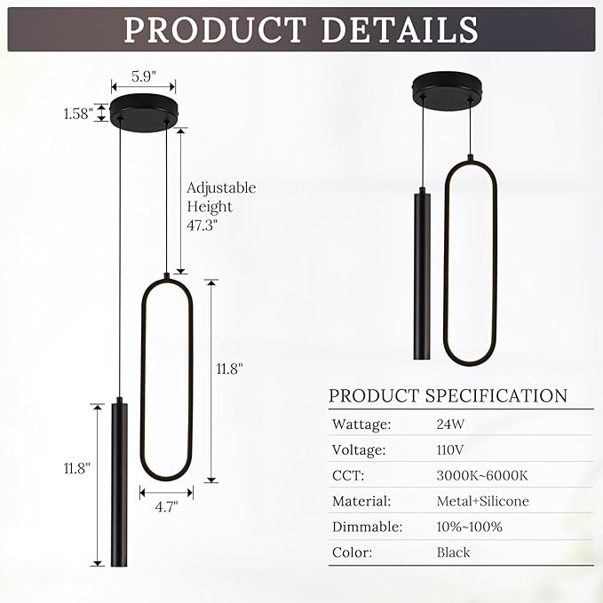 Black Modern Mini LED Pendant Light with Remote Control, 24W 3-Color Temp Stepless Dimmable Ceiling Hanging Light for Bedroom Kitchen Island Dining Room Foyer Entryway
