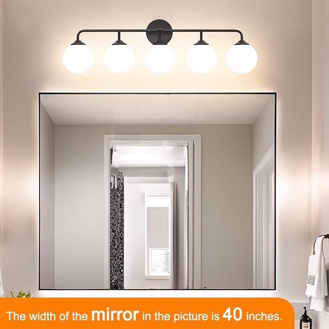 Modern Matte Black 5-Lights Bathroom Vanity Light, Lighting Fixtures Over Mirror with Milky White Glass Ball Shades, Wall Sconces for Bathroom Dressing Table Bedroom