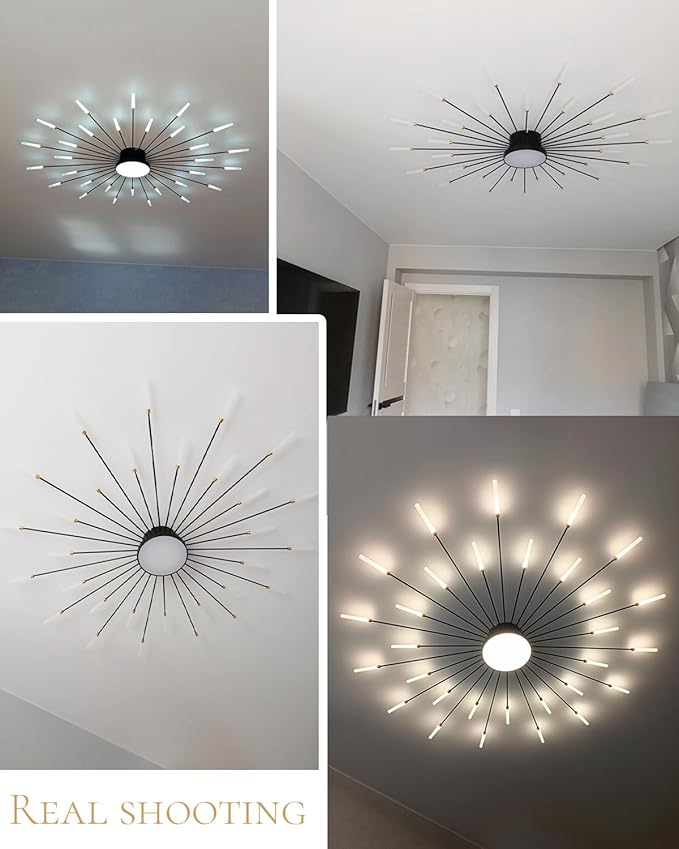 30 Lights Led Ceiling Light, 51 Inch Modern Semi-Recessed Chandelier, Black Indoor Lighting for Living Room Bedroom Kitchen Dining Room, 42W Fireworks Decorative Ceiling Light Close To The Ceiling