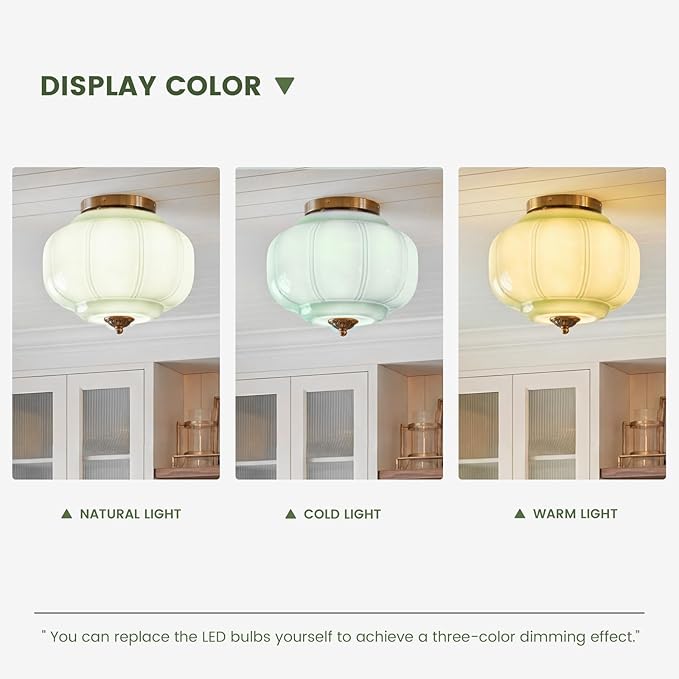 Milk Glass Ceiling Light Fixture - Farmhouse Antique Brass Semi Flush Mount Ceiling Light for Kitchen, Hallway, and Bedroom (Green 15 inch)