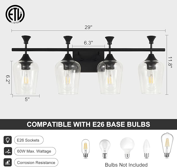 Bathroom Light Fixtures (4-Light, 29 Inch), Matte Black Vanity Lights for Bathroom with Clear Wine Glass Glass Shade, Modern Vanity Wall Lights for Mirror Bedroom Living Room Kitchen Hallway Porch