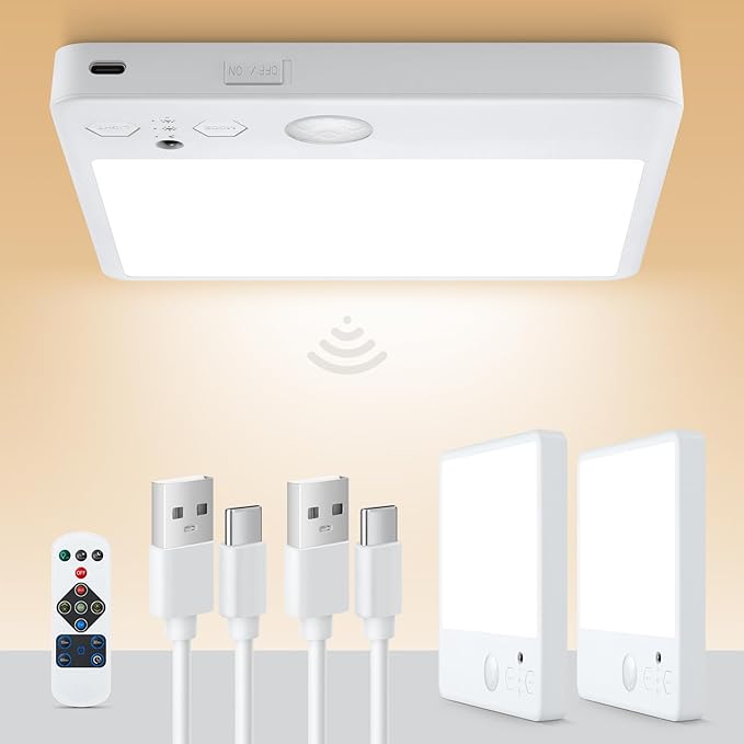 Motion Sensor Ceiling Light, 7000mAh Rechargeable Closet Light with Remote,2800K/4000K/6000K and Dimmable, Magnetic Wireless Shower Lamp for Bathroom|Stairs| Hallway(2PCS)