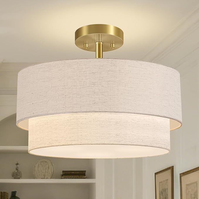 16.5'' Semi Flush Mount Ceiling Light, 3-Light Gold Ceiling Light Fixtures, Farmhouse Close to Ceiling Light with Linen Shade, Modern Drum Ceiling Light for Living Room/Hallway/Bedroom/Dining Room