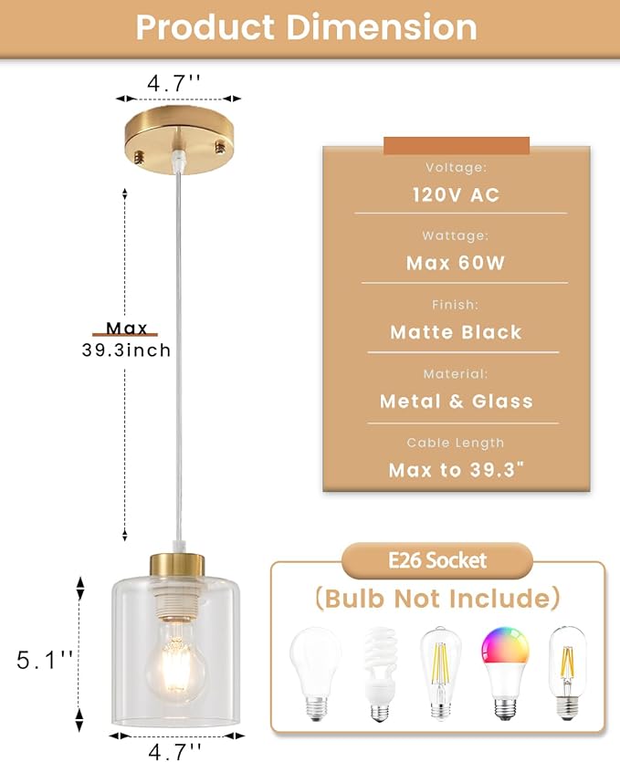 1-Light Gold Pendant Lights Kitchen Island, Modern Farmhouse Hanging Light Fixture, 39Inches Adjustable Ceiling Light for Dining Room, E26 Base, Clear Glass Shape (1 Pack)