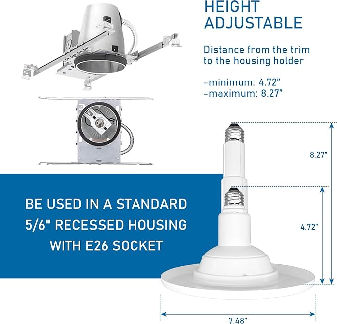 Jolux 5/6 Inch 5CCT Retrofit LED Recessed Lighting 6 Pack, Adjustable 5CCT 2700K-5000K, LED Replacement Can Lights,Dimmable,12=60W, E26 Base, Flat Trim,Easy Retrofit Downlight Installation.