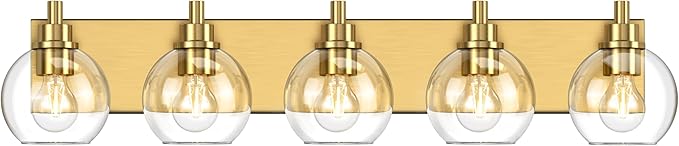 IZORRO Bathroom Light Fixtures, 5 Light Brushed Gold Vanity Light, Modern Wall Sconces with Globe Clear Glass Shade, Vanity Lighting Fixtures Over Mirror,E26 Bulb Socket
