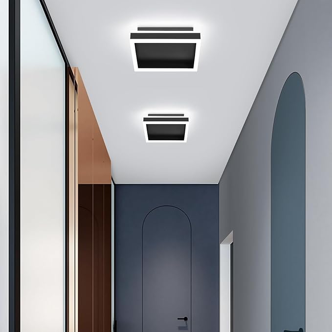 Square LED Flush Mount Ceiling Light, 5500K Cold White Black Modern Ceiling Light Fixture,Minimalist Close to Ceiling Lamp for Hallway Entryway Bedroom Kitchen Laundry Room (9.5 in)
