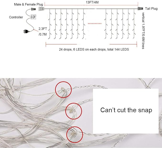 ZIMINGU Icicle Dripping Lights, 13FT 144 LEDs 8 Modes Christmas Connectable Twinkle Window Curtain Fairy Waterfall Diwali Ceiling String Lights for Outdoor Indoor Decorations (Cool White, 4X0.6M)