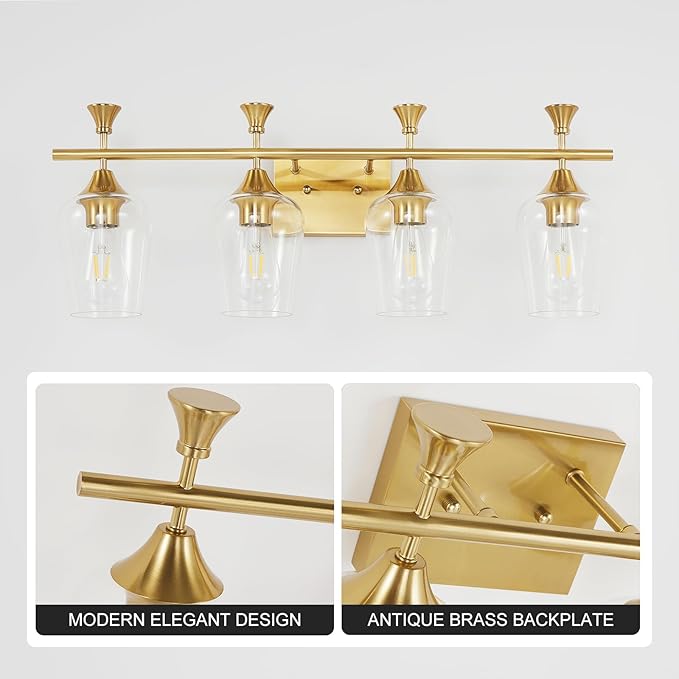 Bathroom Light Fixtures (4-Light, 29 Inch), Brushed Gold Vanity Lights for Bathroom with Clear Wine Glass Glass Shade, Modern Vanity Wall Lights for Mirror Bedroom Living Room Kitchen Hallway Porch