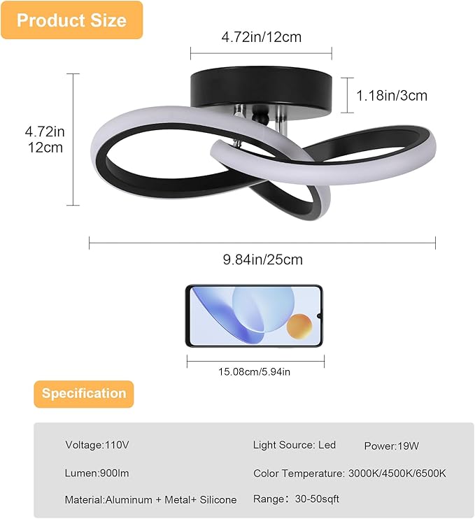Modern LED Ceiling Light 19W Spiral Design 3000K/4500K/6500K 3 Color Modes Swichable Ceiling Lighting Fixtures, Ceiling Lamps for Aisle Hallway Balcony Bedrooms Kitchen (Black)