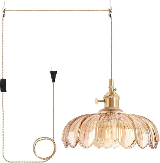 Shenmoyl Plug in Pendant Light Hanging Light Fixtures with Plugin Cord On/Off Switch,Amber Scindapsus Glass Lampshade Brass Pendant Light