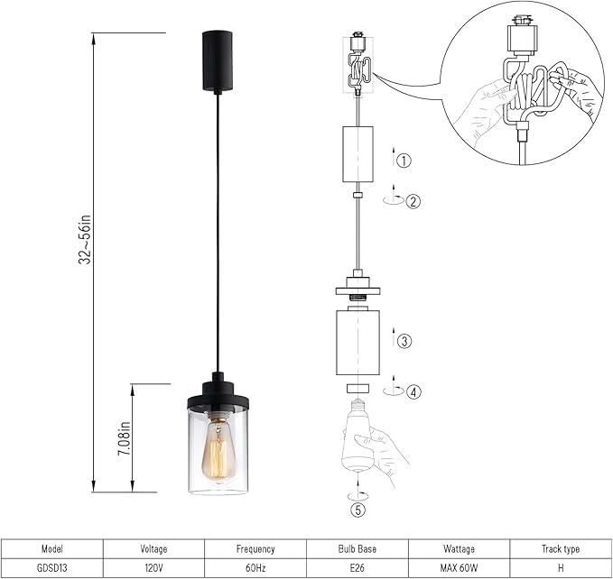 mirrea H Type Cord Adjustable Black Track Lighting Pendant with Clear Glass Shade Pack of 1