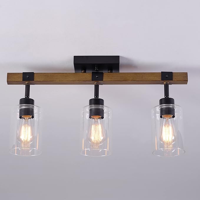 Globe Electric 57502 3-Light Track Lighting, Wood Toned, Matte Black Accents, Clear Glass Shades, Pivoting Heads, Modern Farmhouse, Ceiling Light for Kitchen Island and Dining Room Table