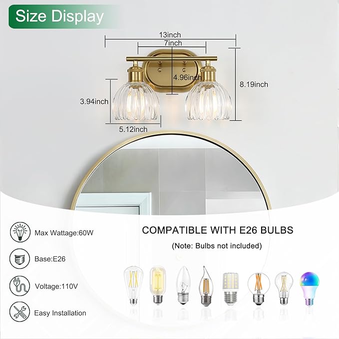 2-Light Bathroom Light Fixtures, Gold Vanity Lights for Bathroom with Ribbed Clear Tulip Glass Shade, Brass Vintage Wall Scone Lighting Over Mirror for Farmhouse,Bedroom,Living Room,Hallway