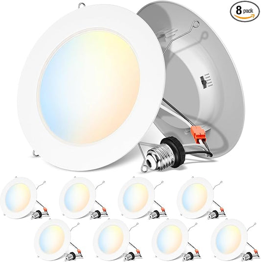ANWIO Recessed Lighting 6 Inch, 5CCT Flat Retrofit LED Recessed Lights Can Needs, 2700/3000/4000/5000/6000K Selectable Can Lights 10W(120W Equivalent) CRI 80+ Dimmable E26 Base IC Rated & ETL 8 Pack
