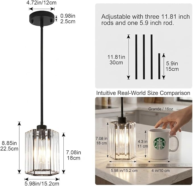 Black Pendant Lights, 3 Pack Crystal Pendant Lights Kitchen Island Lighting, 1-Light Modern Hexagonal Crystal Island Lights for Kitchen, Dining Room, Hallway, Foyer, Entryways