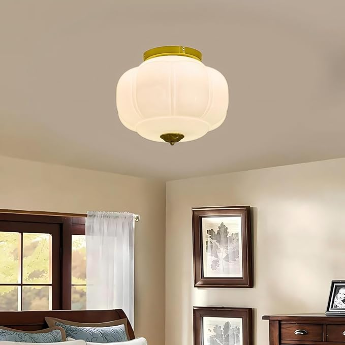 LIGHTLAND Milk Glass Ceiling Light, 15 Inch 3-Light Metal Glass Flush Mount Ceiling Light Fixture for Entryway, Hallway, Living Room, Bedroom (Style C, White)