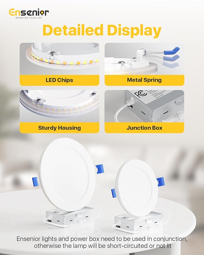 Ensenior 6 Pack 6 Inch LED Recessed Ceiling Light with Night Light, Dimmable, 2700K-5000K 5CCT, 1050LM 12W 120V, High Brightness Canless Wafer Downlight - FCC